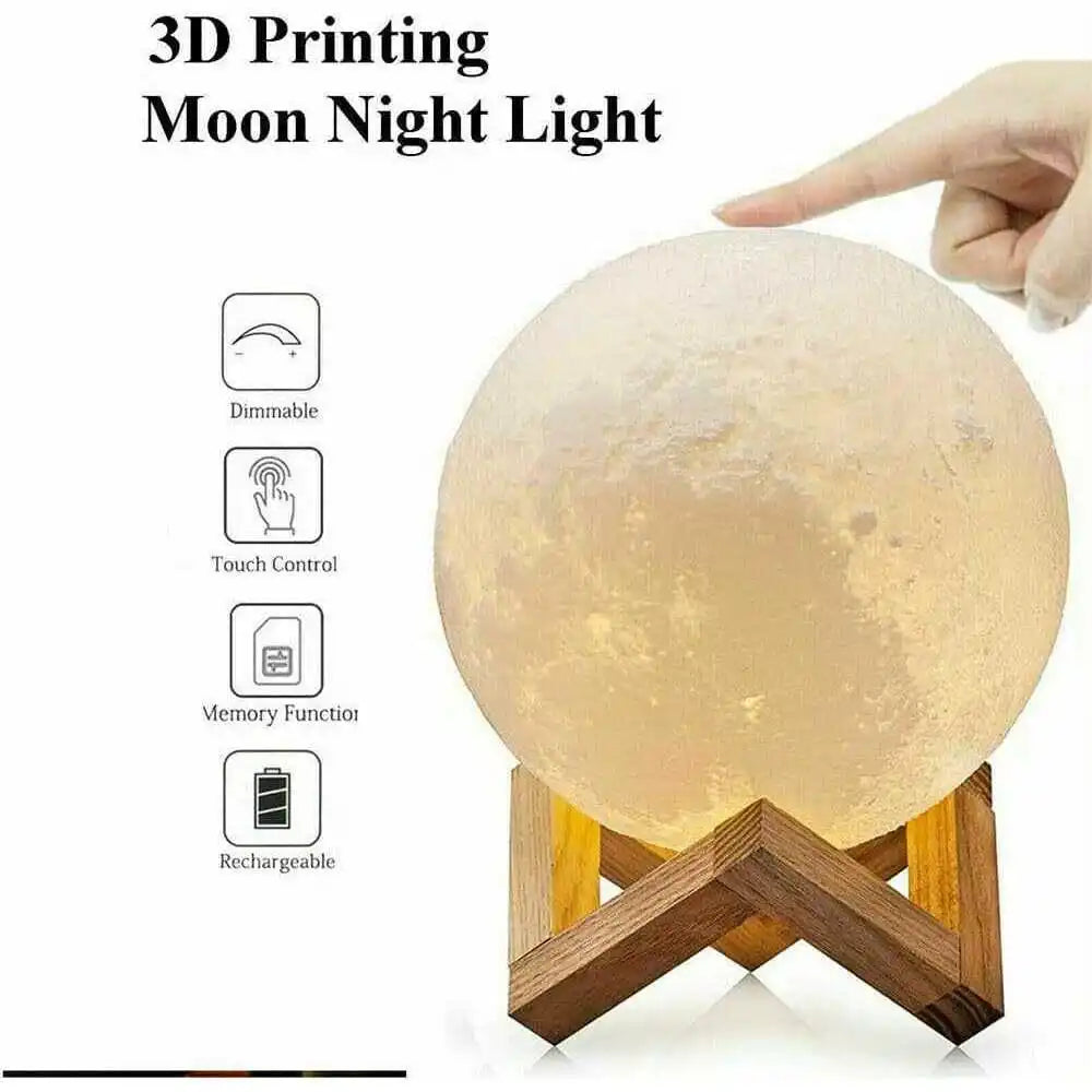 Moon Night Light w/ 128 Colors - Kids & Adults Gift - Wooden Stand & Remote/Touch Control, USB Rechargeable