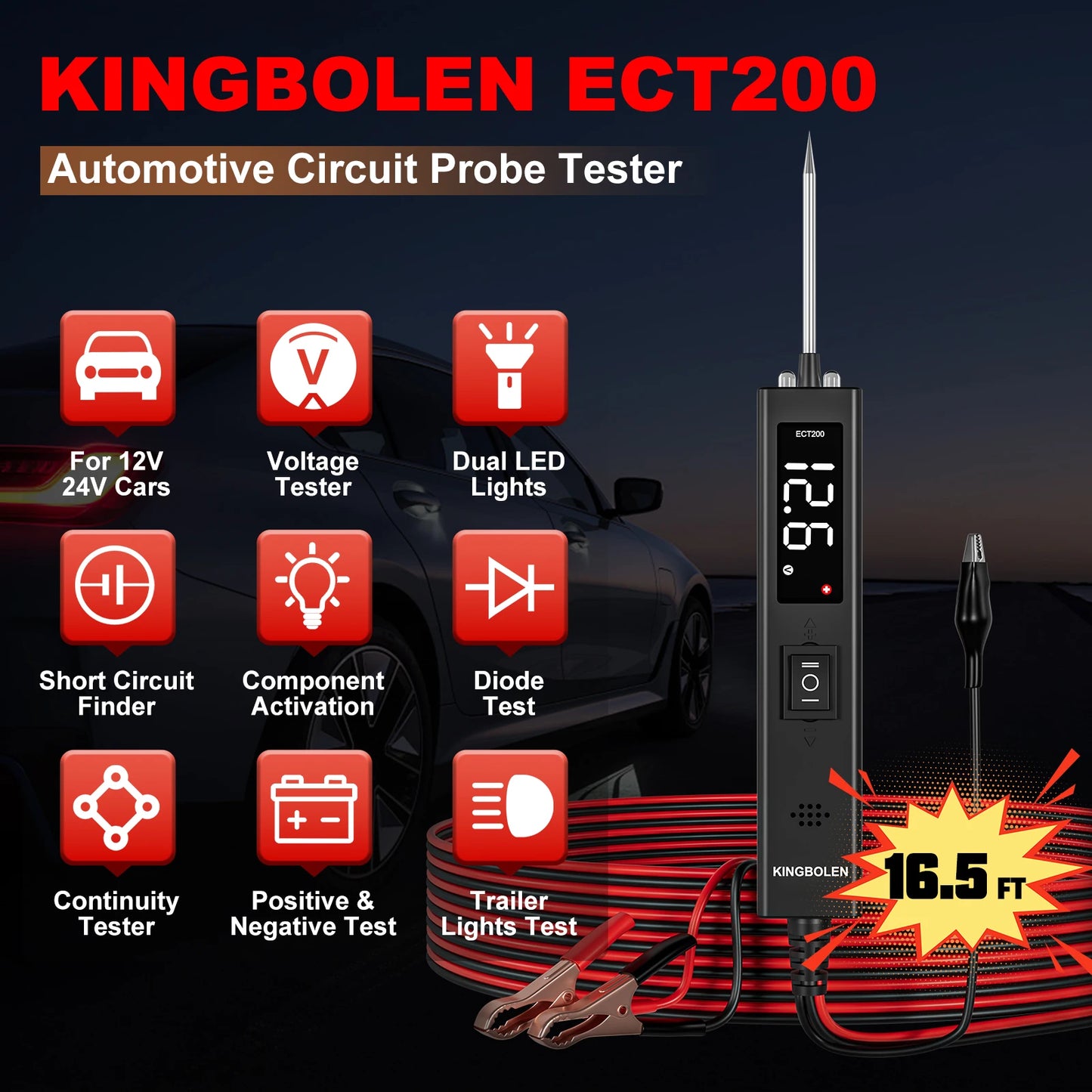 Car Battery Tester - 8V-32V, Automotive Power Probe Kit, Electrical System Test