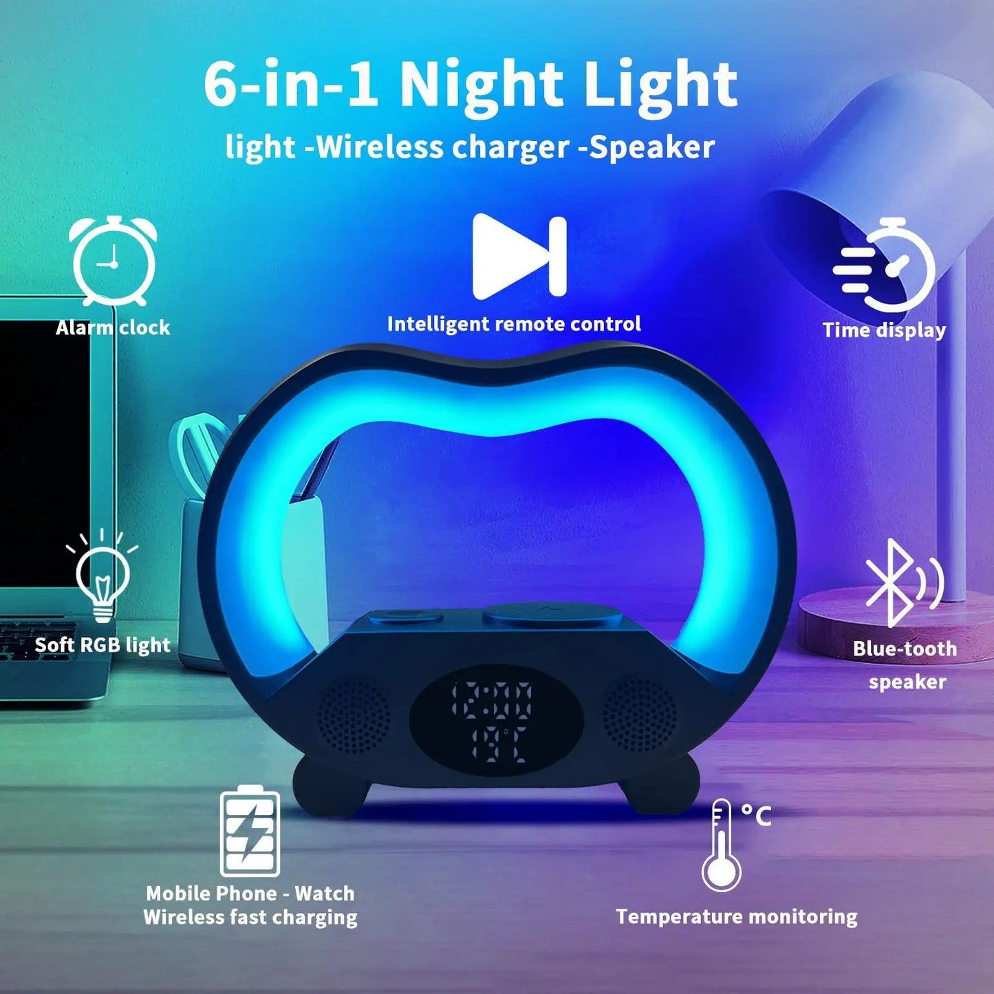 6 in 1 Wireless Charging Night Light, Wireless Speaker, 15W Wireless Charging Atmosphere Light, Home, Bedroom, Gift