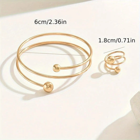 14K Gold Plated Minimalist Bangle and Ring Set