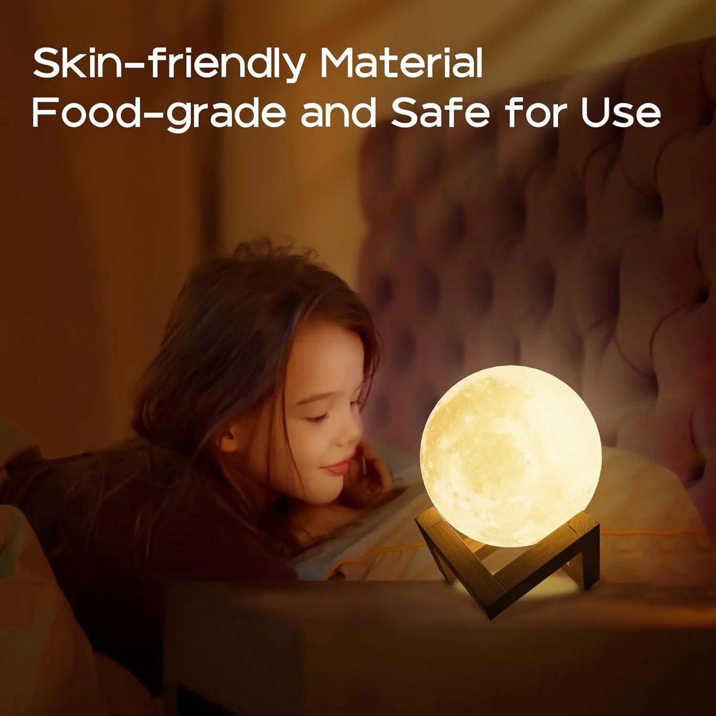 Moon Night Light w/ 128 Colors - Kids & Adults Gift - Wooden Stand & Remote/Touch Control, USB Rechargeable