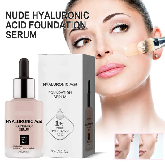 Nude Liquid Foundation with Hyaluronic Acid - Light, Fine, Matte, Durable, Non-Sticking Powder, Waterproof, Transparent