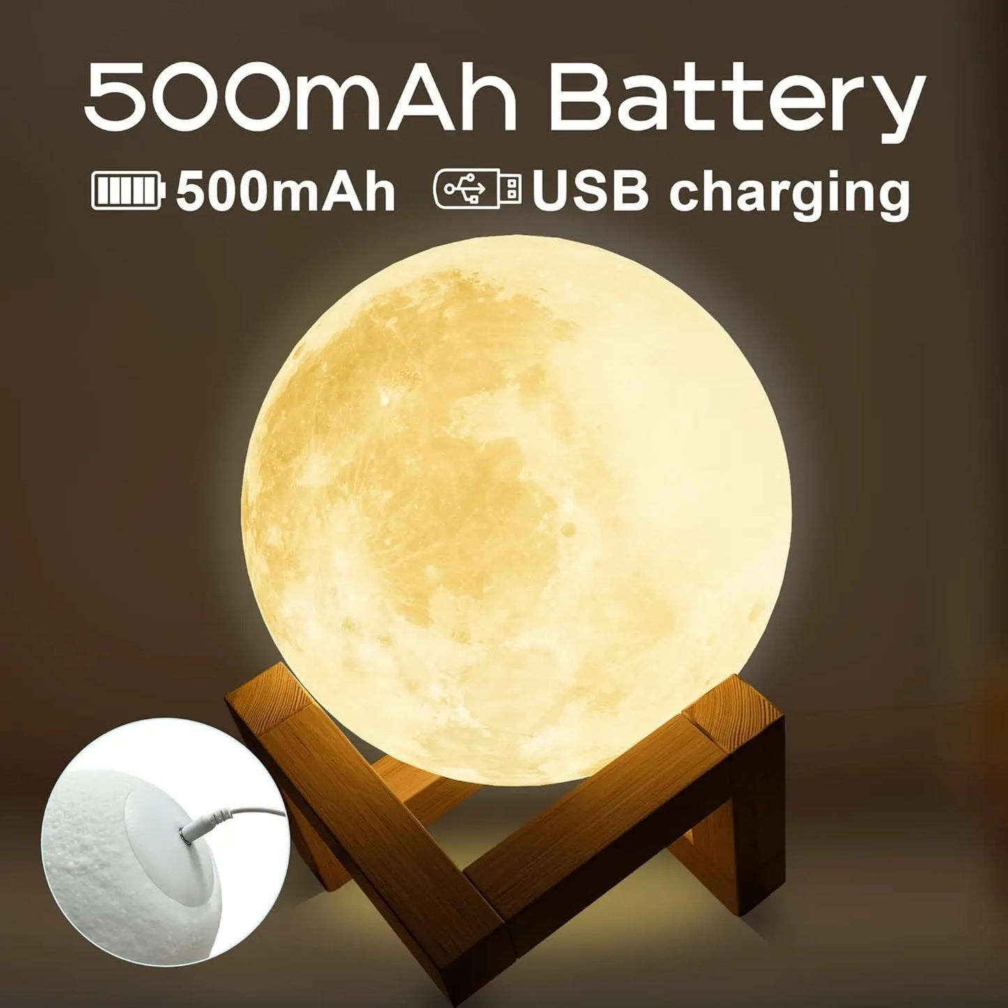 Moon Night Light w/ 128 Colors - Kids & Adults Gift - Wooden Stand & Remote/Touch Control, USB Rechargeable