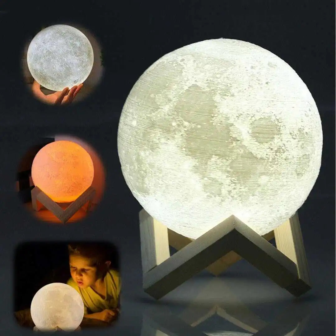 Moon Night Light w/ 128 Colors - Kids & Adults Gift - Wooden Stand & Remote/Touch Control, USB Rechargeable