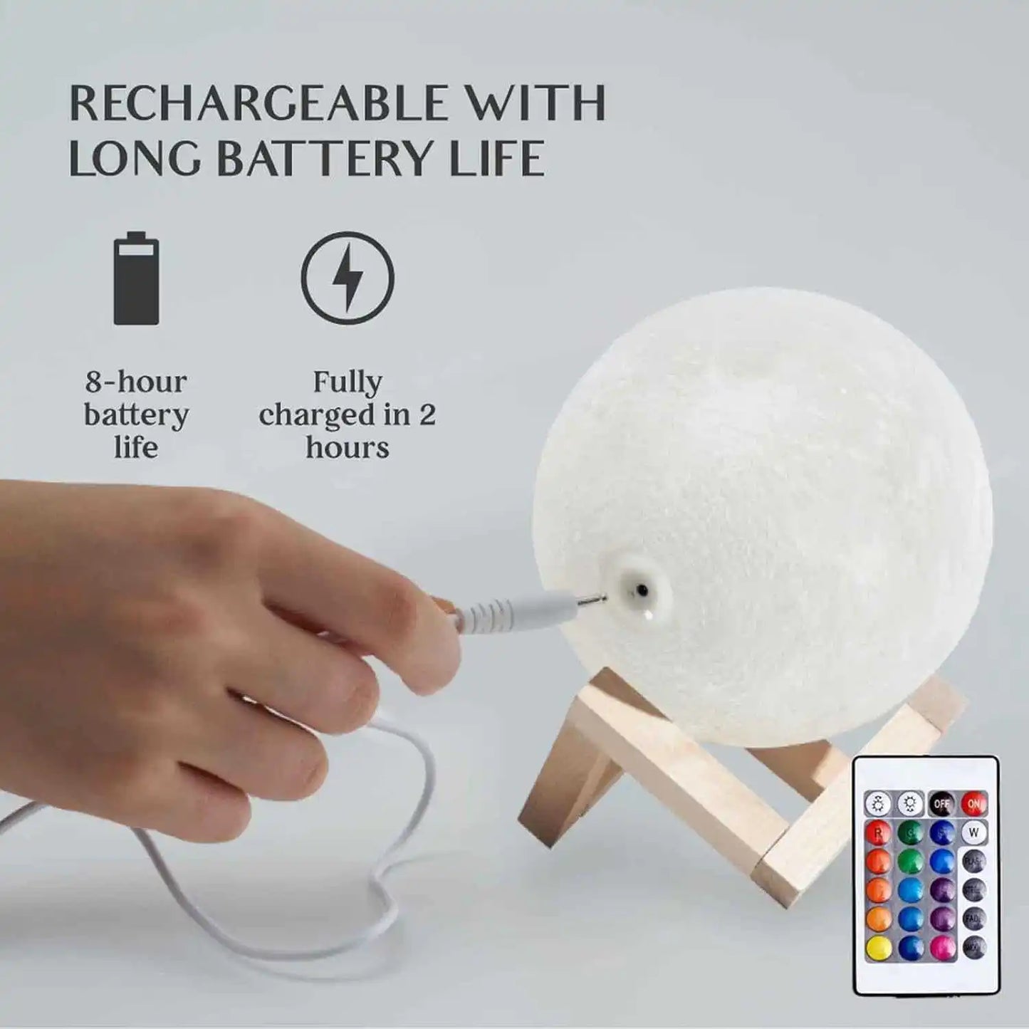 Moon Night Light w/ 128 Colors - Kids & Adults Gift - Wooden Stand & Remote/Touch Control, USB Rechargeable