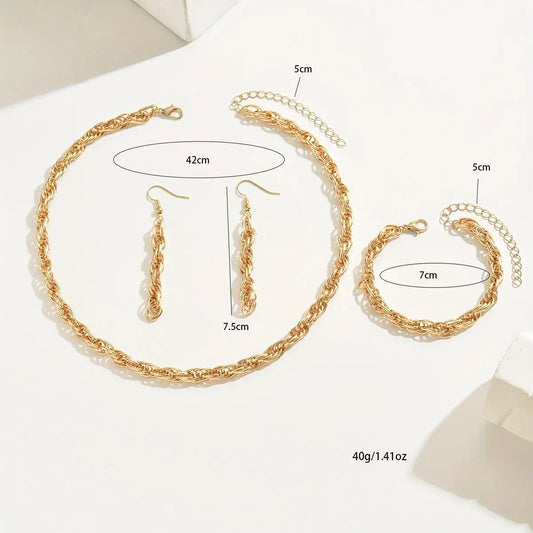 14K Stylish Gold Chain Link Necklace, Bracelet, and Earring Set