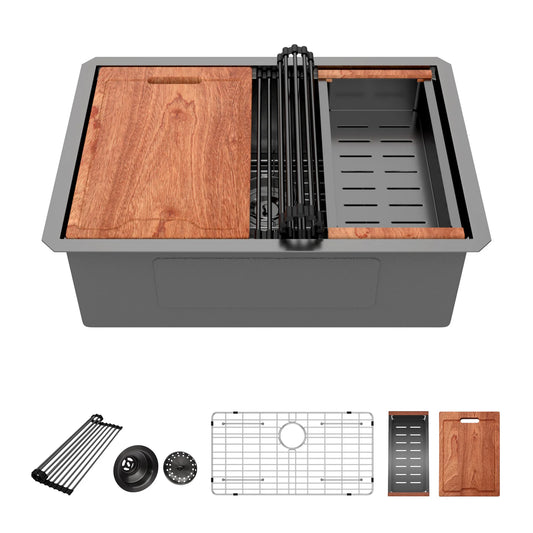 Stainless Steel Single Kitchen Sink - 28 Undermount Kitchen Sink, 28"x18" Cutting Board, Draining Station